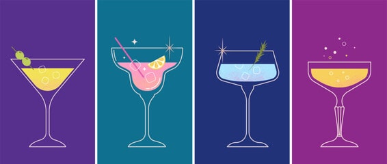 four different cocktail glass icons with different color backgrounds